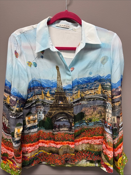 Alice + Olivia Tops - Alice + Olivia Scenic Eiffel Tower Button-Up Blouse - Blue, Red, Green